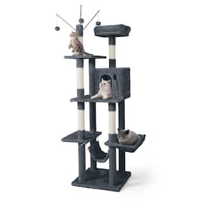70 in. Dark Grey Cat Tower for Indoor Cats, Multi-Level Cat Activity Tree with Scratching Posts, Basket, Cave Condo