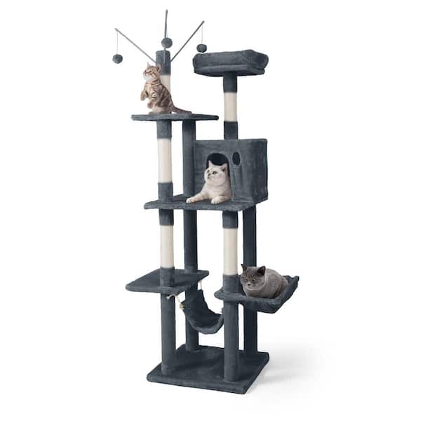BOWHAUS 70 in. Dark Grey Cat Tower for Indoor Cats, Multi-Level Cat Activity Tree with Scratching Posts, Basket, Cave Condo