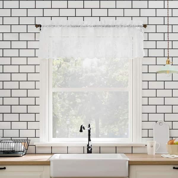 Ariella Floral Lace White Polyester 58 in. W x 14 in. L Rod Pocket Sheer Curtain Valance for Kitchens (Single Panel)