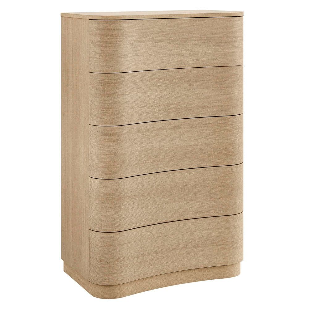 Mirae 5-Drawer Curved Dresser Chest of Drawers in Brush Light Oak