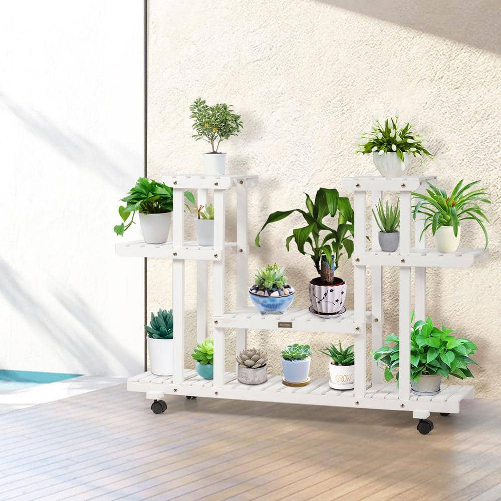 White 4-Tier Rolling Wood Plant Stand with Casters