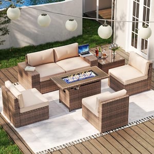 7-Piece Outdoor Fire Pit Patio Set, Patio Sectional Set with Fire Pit Table, Coffee Table, Beige Cushions, Set Covers