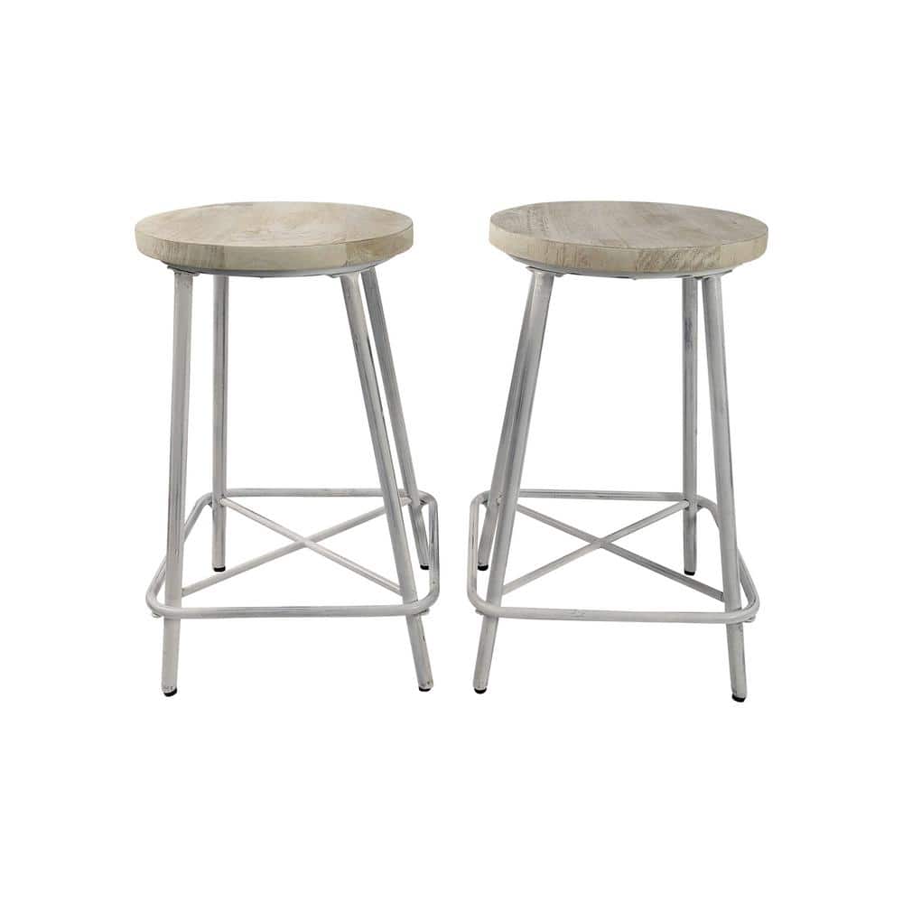 Ilona 24 in Whitewash Backless Metal and Wood Stool Set of 2
