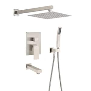 2-Handle 3-Spray Wall Mount Tub and Shower Faucet with 10" Rain Shower Head in Brushed Nickel (Valve Included)