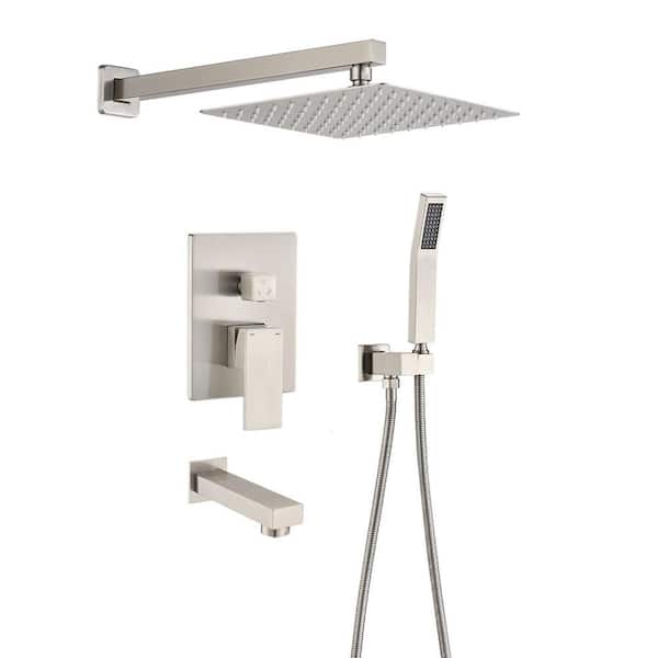 PROOX 2-Handle 3-Spray Wall Mount Tub and Shower Faucet with 10" Rain Shower Head in Brushed Nickel (Valve Included)