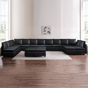 215.96 in Modern 13-Seater Upholstered Sectional Sofa with 6-Ottoman Air Leather in Black Living Room/Office