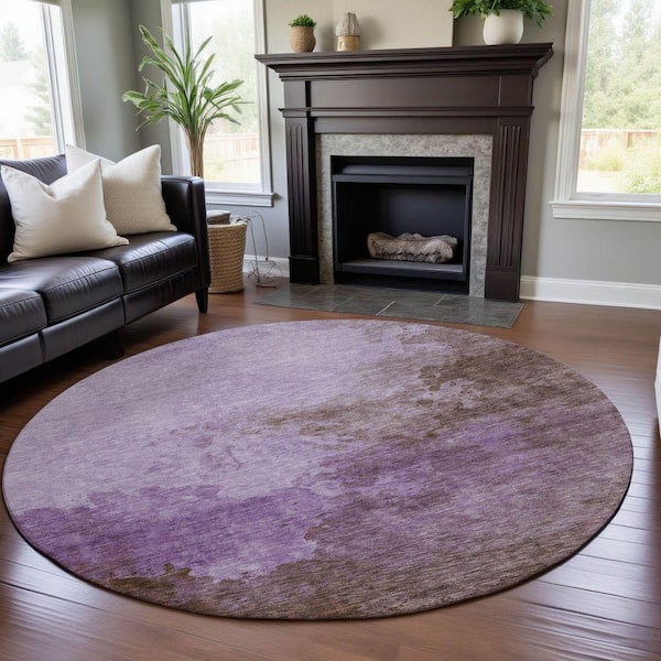 Mayfield Premium Machine Washable Abstract AMF1138 Lavender 8 ft. x 8 ft. Round Rug