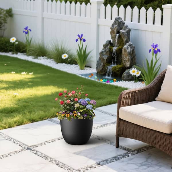 18in. W x 17in. H Tall Round Matte Black Concrete Planter Extra Large Indoor and Outdoor Plant Pot with Drainage Hole