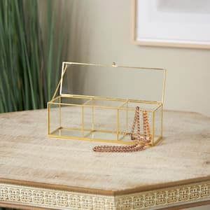 Clear Glass Slim Rectangular 3 Slot Jewelry Box with Gold Metal Frame and Chain Accent
