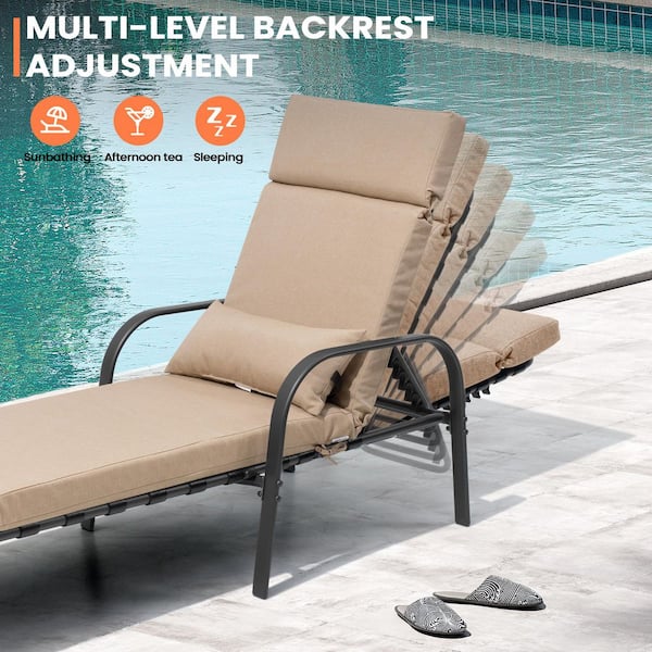 All-Weather 1-Piece Outdoor Chaise Lounge Chairs with 6-Positions Metal Adjustable Backrest and Cushions in Tan