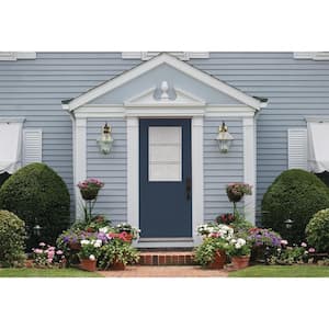 36 in. x 80 in. Left-Hand 1/2 Lite Eastfield Decorative Glass Blue Painted Fiberglass Prehung Front Door with Brickmould