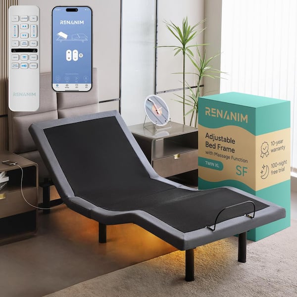 Renanim Gray Twin XL Adjustable Bed Frame, Massage, Wireless Remote/APP, USB Ports, Under-Bed Light, Head/Foot Incline