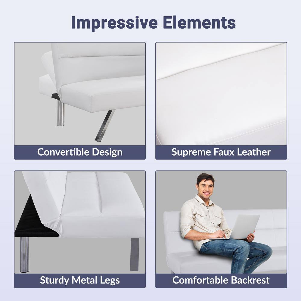 White Faux Leather Twin Sleeper Futon with Wood Frame
