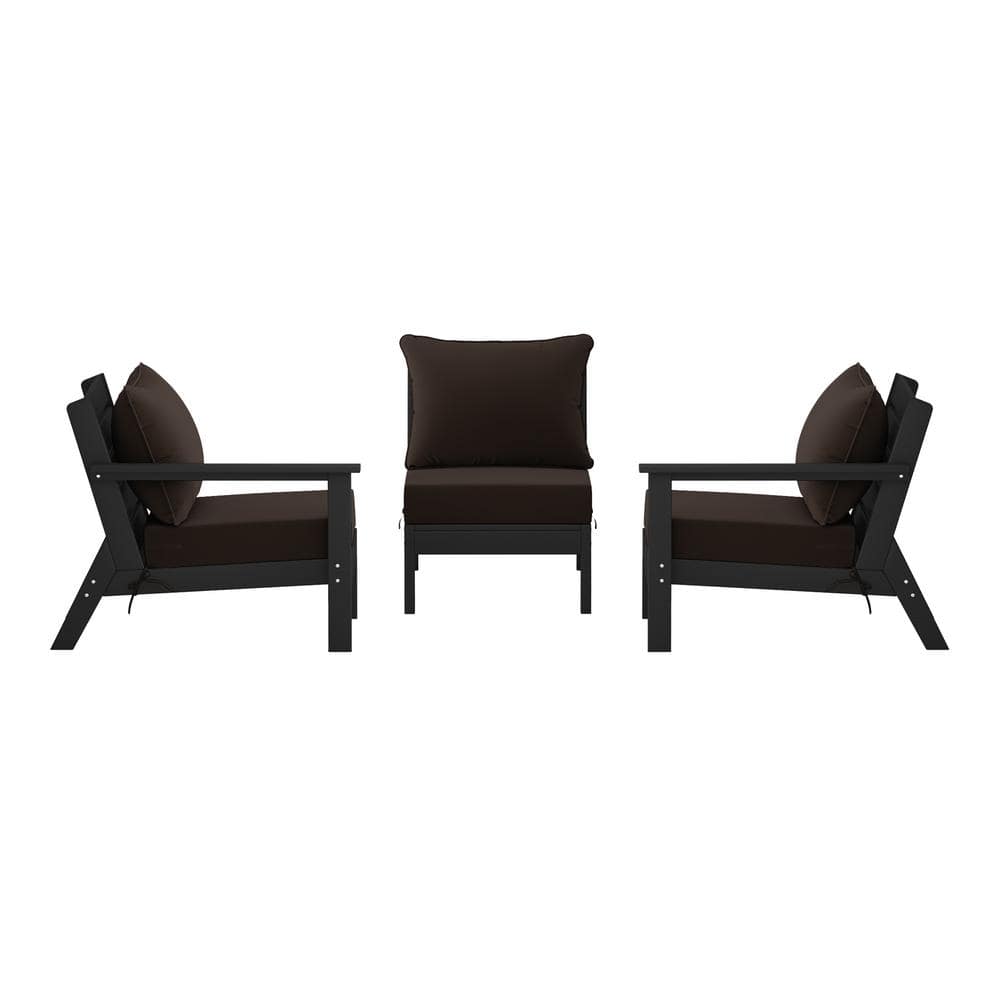 Birchwood Black Arrangeable Outdoor Patio 3-Piece Deep Seating HDPE Sofa Arm Chair Set w/ Brown Cushions price history on PriceWatchPro