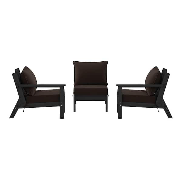 Birchwood Black Arrangeable Outdoor Patio 3-Piece Deep Seating HDPE Sofa Arm Chair Set w/ Brown Cushions
