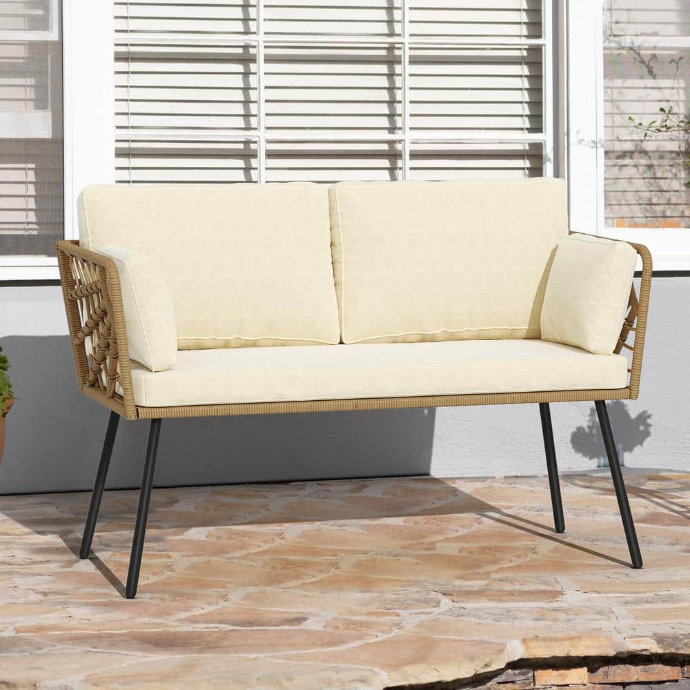 Beige Wicker and Iron Two-Seat Patio Sectional Sofa