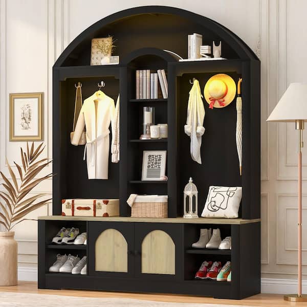 Black Unique Curved Design Multi-functional Entryway Hall Tree with 6 Hooks, LED Light, Shoe Bench, Shelves and Cabinets