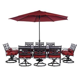 Montclair 11-Piece Steel Outdoor Dining Set with Chili Red Cushions, 10 Swivel Rockers, 60x84 in. Table and Umbrella