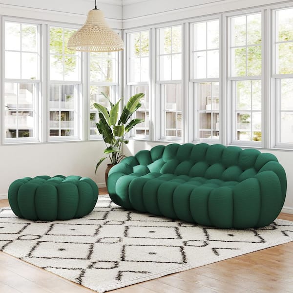 (Set of 2) Bubble Couch, 98 in. Green Mesh Fabric Armless Curved Sectional Sofa Set 3-Seater Floor Couch with Ottoman