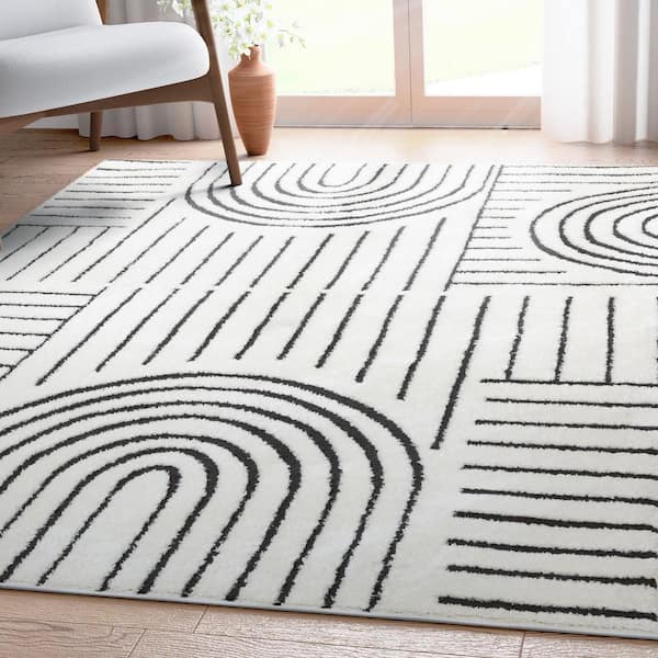 Ivory Black 7 ft. 10 in. x 9 ft. 10 in. Feliz Boho Rainbow Modern Geometric Shag Area Rug