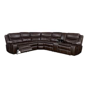 Luronia 123 in. Faux Leather L-Shaped Recliner Sectional Sofa in Brown with Cup Holders and Console