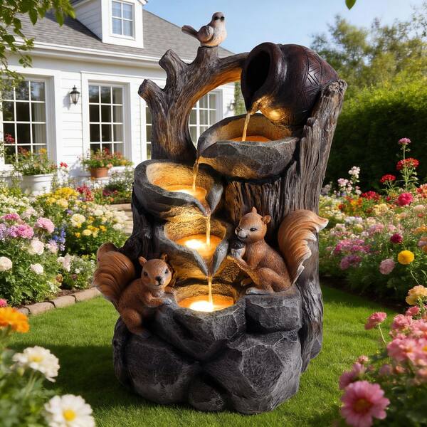 Squirrel Outdoor Waterfall Fountain with Lights Garden Decor Resin