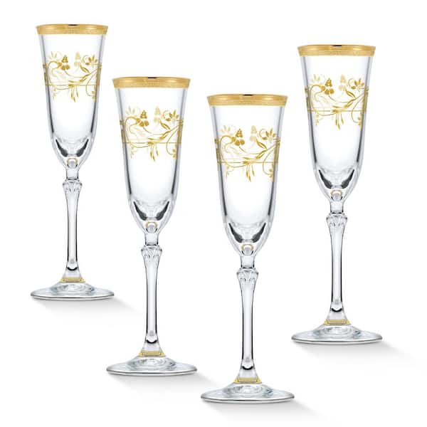 Lorren Home Trends 5 oz. Traditional Floral and Gold Champagne Flute Stem Set (Set of 4)