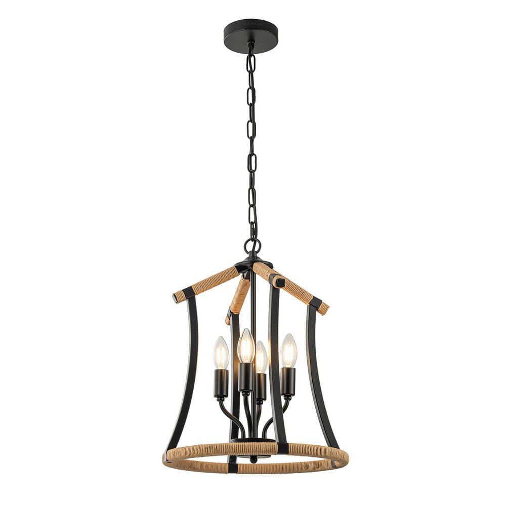 Margo 4-Light Matte Black Modern Farmhouse Lanter Chandelier Woven Rope Accent with No Bulbs Included price history on PriceWatchPro