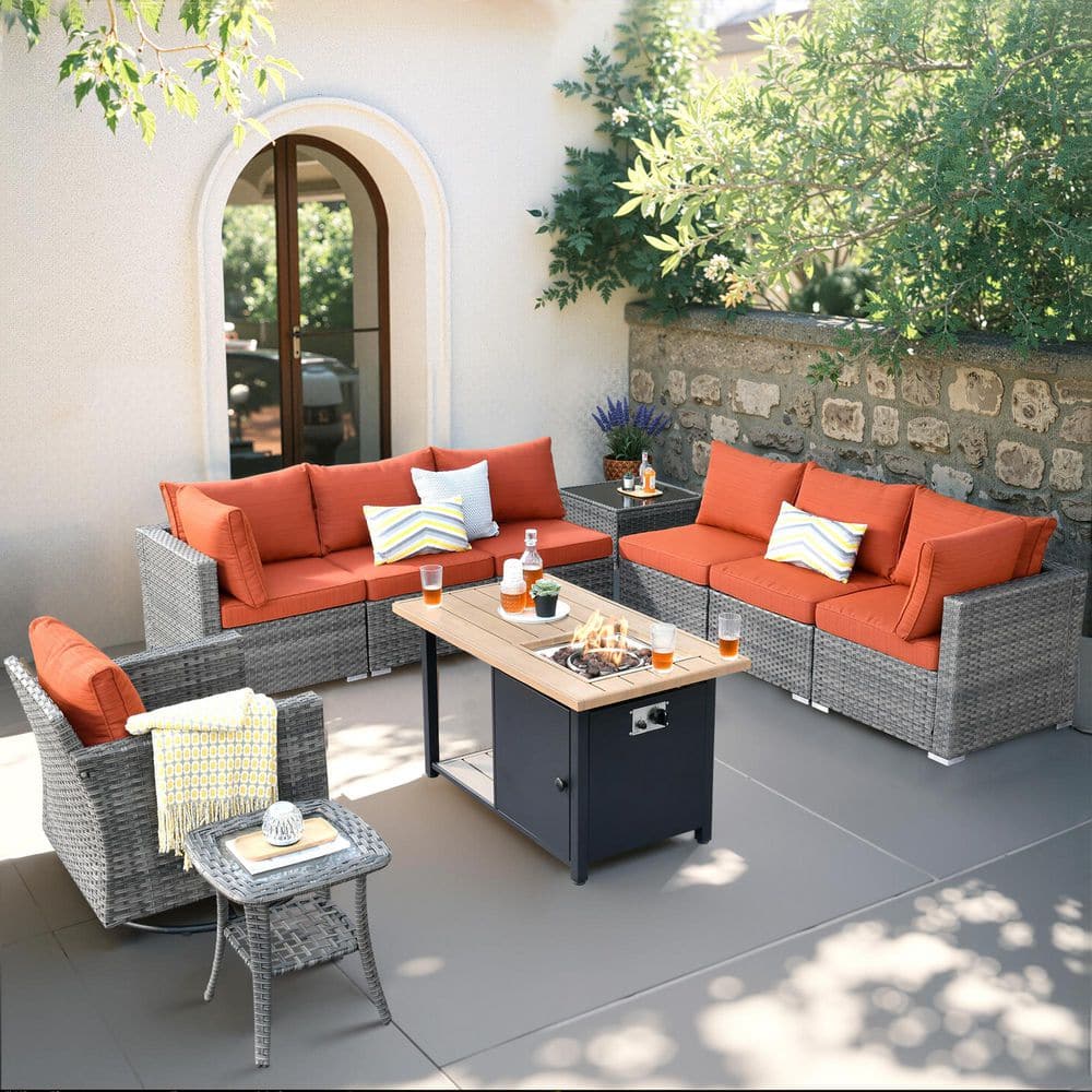 Messi Gray 10-Piece Wicker Outdoor Fire Pit Patio Conversation Sofa Set with a Swivel Chair and Orange Red Cushions price history on PriceWatchPro