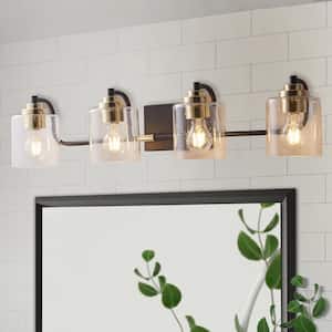Merrin 31.8 in. 4-Light Golden Finish Bathroom Vanity Light with Seeded Metal Black and Gold Shades