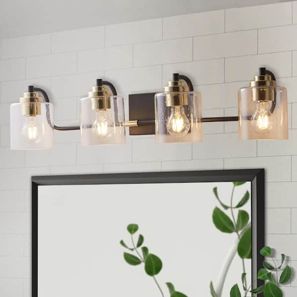 ExBrite Merrin 31.8 in. 4-Light Golden Finish Bathroom Vanity Light with Seeded Metal Black and Gold Shades