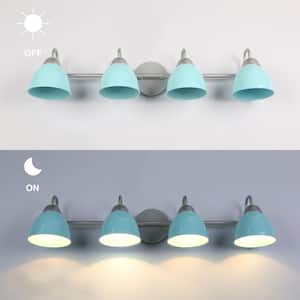 30 in. 4-Light Grey Blue Vanity Light with Blue Metal Shades