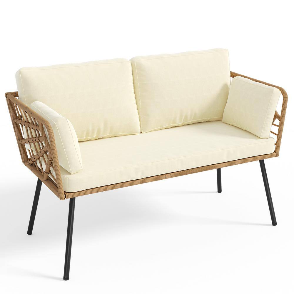 Beige Wicker and Iron Two-Seat Patio Sectional Sofa