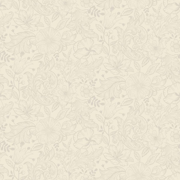 A-Street Prints Wilma White Floral Block Print Non Woven Paper Wallpaper Sample