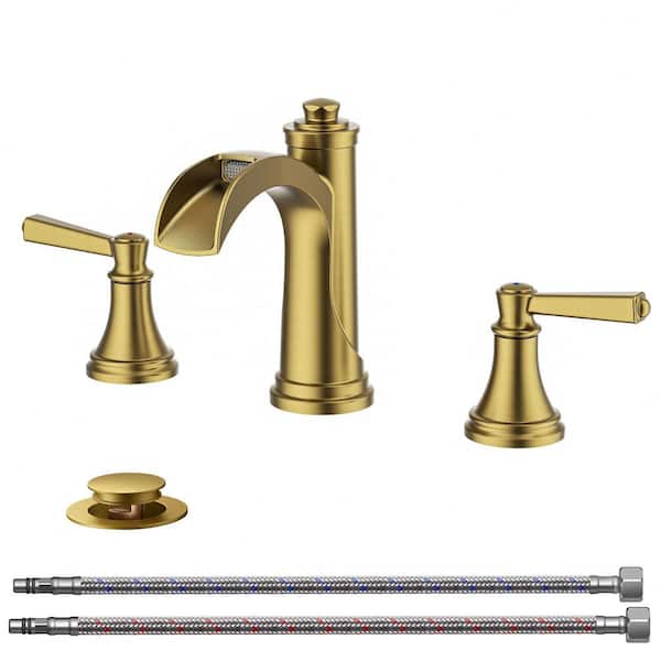 Forious pro 8 in. Widespread Double Handle Mid-Arc Bathroom Faucet with Metal Pop-up Drain in Brushed Gold
