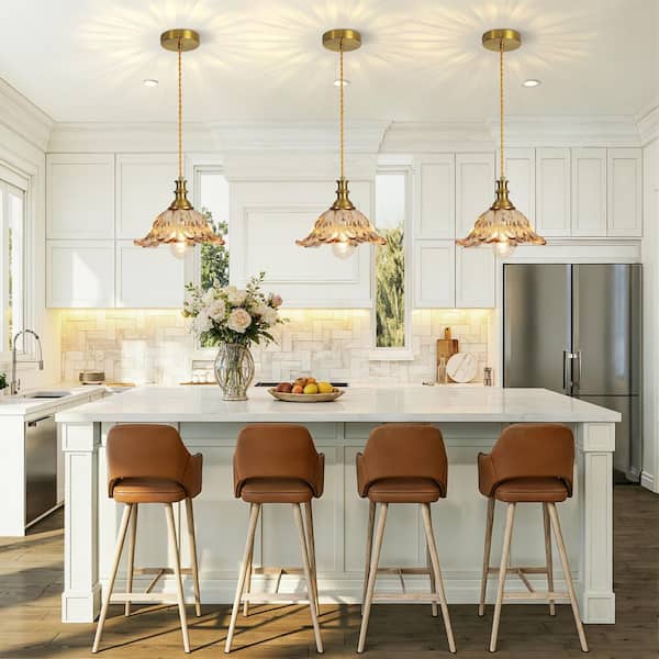 RayHome 60W 11in. 1-Light Vintage Amber Pendant Light w/Ribbed Amber Flower Glass for Island Dining Room Foyer Entryway