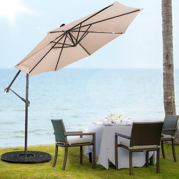 FORCLOVER 10 ft. Metal Cantilever Patio Umbrella with 32 LED Lights and Tilting System in Beige