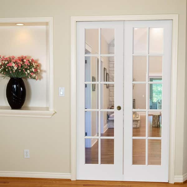 48 in. x 80 in. Craftsman Shaker 10-Lite Left Handed MDF Solid Core Double Prehung French Door
