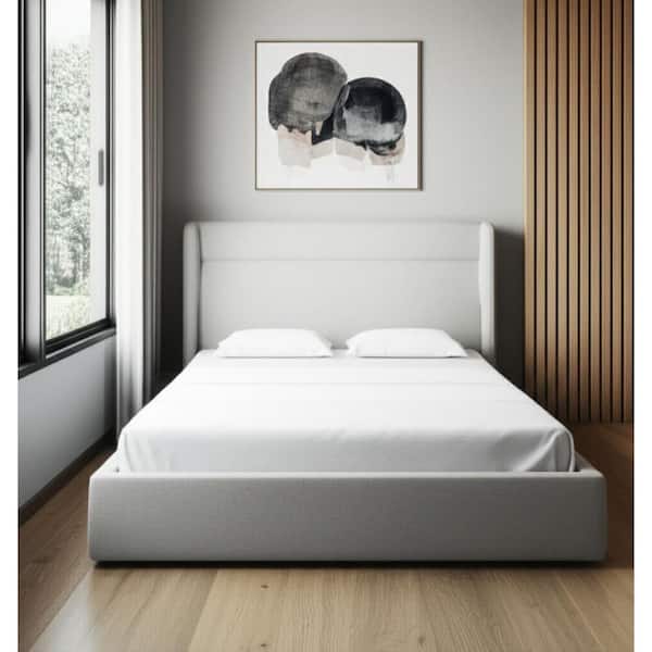 Modern Gray Fabric Upholstered Frame Queen Panel Bed with Wingback Headboard