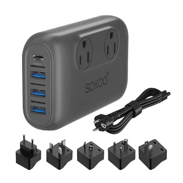Ahfiwaso 2-Outlet Power Strip Surge Protector Voltage Converter Travel Adapter with 3 USB-A Ports, 1 USB-C Port & 5 Plugs, Black
