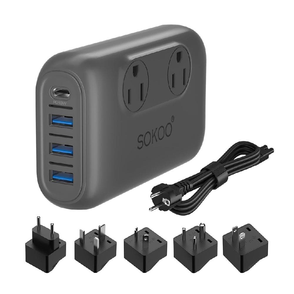 2-Outlet Power Strip Surge Protector Voltage Converter Travel Adapter with 