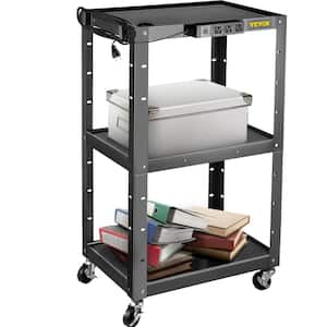 Steel AV Cart 24-42 in. Height Adjustable 150 lbs. Media Cart with Electric Power Cord Presentation Cart with 3 Shelves
