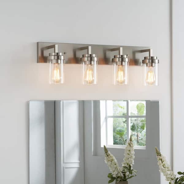 KAWOTI 30 in. 4-Light Brushed Nickel Vanity Light with Clear Glass Shade