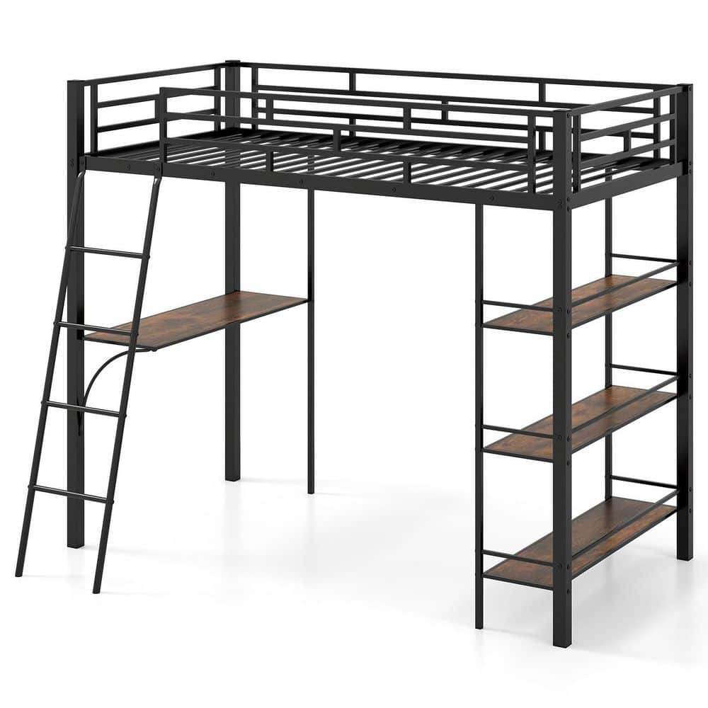 Brown Twin Size Loft Bed w/ Desk and Shelves Inclined Ladder and Full-length Guardrails price history on PriceWatchPro