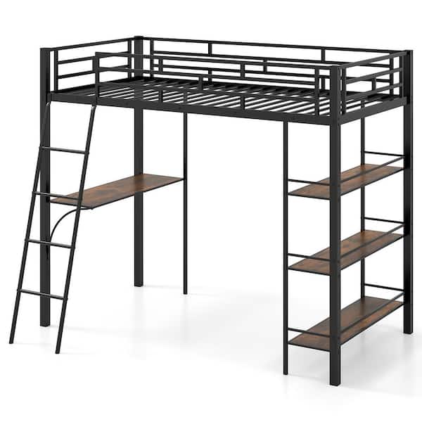 Brown Twin Size Loft Bed w/ Desk and Shelves Inclined Ladder and Full-length Guardrails