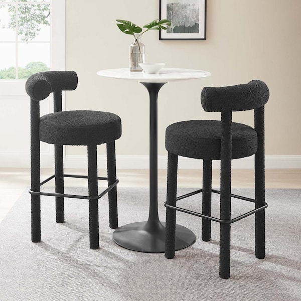 MODWAY Toulouse 30 in. in Black Black Wood Boucle Fabric Bar Stool - Set of 2