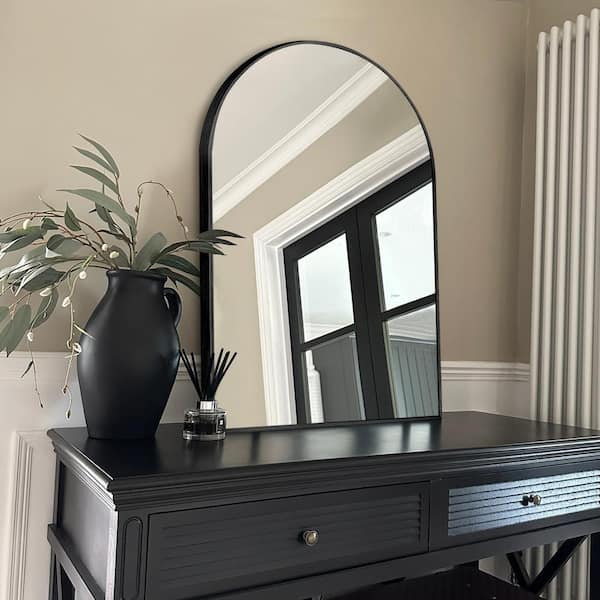 24 in. W x 36.1 in. H Arched Aluminum Frame Black Wall Mounted Bathroom Vanity Mirror