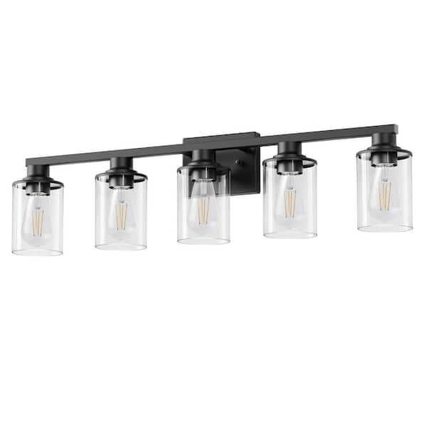 Briignite 33 in. 5-Light Black Cylinder Vanity Light with Glass Shade and No Bulbs Included