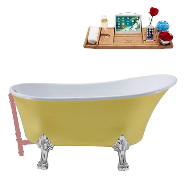 Streamline 55 in. x 26.8 in. Acrylic Clawfoot Soaking Bathtub in Matte Yellow with Polished Chrome Clawfeet and Matte Pink Drain