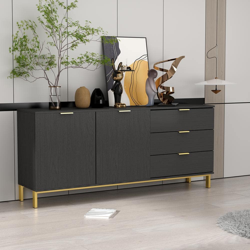 FUFU&GAGA 62.9 in. Black Wood Side Table with 2-Doors Cabinet 3-Drawers ...